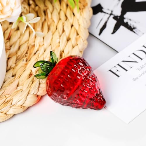 Red Glass Strawberry Figurine Collectibles Blown Glass Fruit Decoration for Home Office Kitchen Xmas Decor Fruit Ornaments