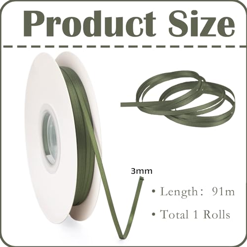 POPOYU Thin Ribbon Satin Ribbon 3mmx91m, Army Green Curling Ribbons for Crafting Gift Wrapping - Image 2