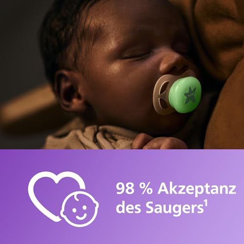 Philips AVENT Ultra Start Schnuller für die Nacht, kiefergerecht geformter Schnuller für Neugeborene, leuchtet im Dunkeln, BPA-frei, mit Sterilisationsbehälter, Doppelpack, Mond,Stern, SCF075/07
