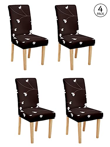 Image of Cortina Dining Chair Slipcovers | Anti Slip Chair Cover | Floral Print, Removable & Easy Wash | Universal Fit Soft Stretchy Polyester Spandex | Living Room, Kitchen, Hall | Pack of 4, Brown