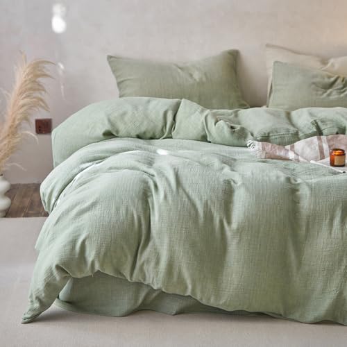 Image of EAVD Solid Color Mint Green Duvet Cover King Soft Breathable 100% Cotton Muslin Linen Like Gauze Bedding Comforter Cover with 2 Pillowcases Modern Simple Mint Green Comforter Cover with Zipper Closure