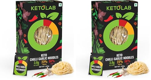Image of Ketolab Keto Chilli Garlic Noodles Spaghetti, 200 Gms (Pack of 4), 3.8g Net Carb & 23% High Protein /Serving, Identical to Regular Noodles, Low Carb, High Fibre, Low GI, Keto Diet, Diabetic Friendly