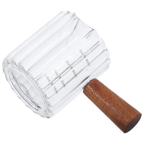 Housoutil Brocca Graduata in Vetro da 90 Ml Manico in Legno di Acacia Tazza Graduata per Caffè Espresso Beccuccio Versatore Bicchiere da Latte Trasparente per Casa Bar e Ristoranti