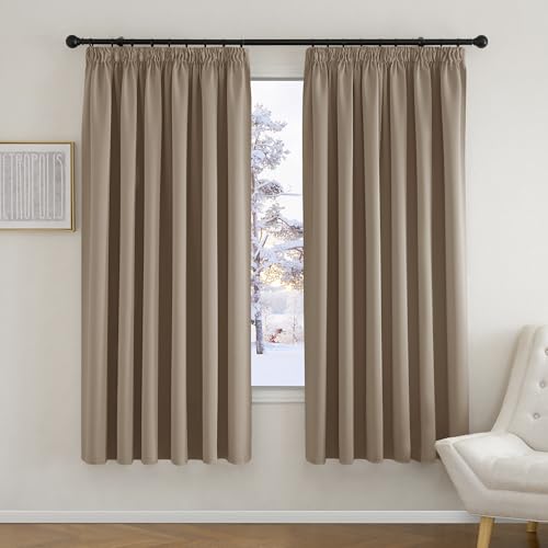 PONY DANCE Living Room Curtains 72 Inch Drop Thermal Blackout Curtains with Hooks for Track Extra Wide Curtains for Room Darkening / Privacy Protection, 2 PCs, W90 X L 72 Inch, Cappuccino