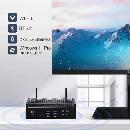 Image of VENOEN Mini PC fanless Win 11 pro, Fanless Mini PC Core i7 1255U (10 Core /12 Thread), Iris Xe Graphics, 16GB RAM 1TB SSD, 2xI225-V LAN, 2xHD + DP Triple Display, USB C, WiFi6, BT5.2, VESA