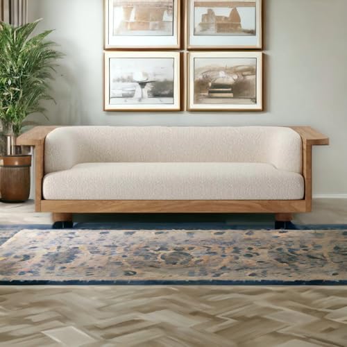 Image of 3 Seater Wooden Sofa for Living Room | Premium Boucle Upholstery | Solid Wood Frame | Modern Contemporary Designer Seating for Home, Hall & Lounge