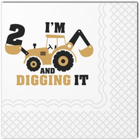 Miniatura 7 de Servilletas de cóctel de construcción de 2 cumpleaños, paquete de 50 unidades, diseño de excavadora con texto en inglés "I'm 2 And Digging It" (Soy
