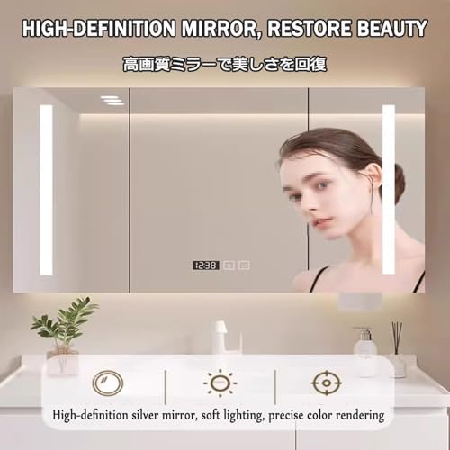 Wall Mounted Bathroom Mirror Cabinet with Defogger, Waterproof Storage Cupboard, High-Definition Reflective Surface, Black, 118x70cm/46.4x27.5in, Moisture-Proof Design