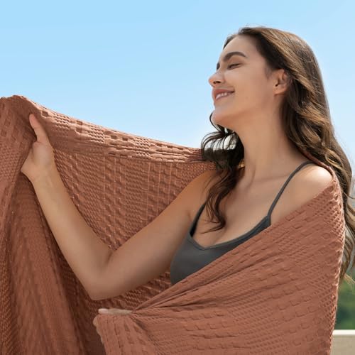 PHF Cooling Waffle Blanket King Size, Lightweight 60% Rayon Derived from Bamboo & 40% Cotton Breathable Blanket for Hot Sleepers, Soft and Luxury for Bed Couch and Sofa, 104"x90", Burnt Umber