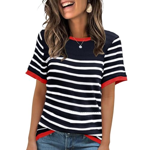 Image of ANCAPELION Women's Short Sleeve Sweater Top Striped Knit Crew Neck Pullover for Summer Trendy Shirts