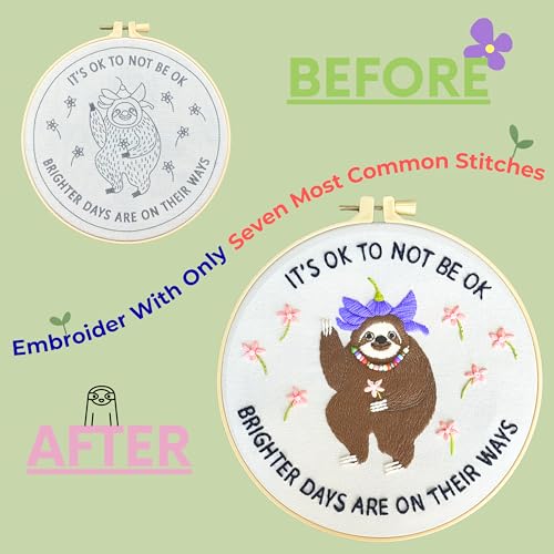 Image of La glaneuse Embroidery Kit for Adult, Beginner Embroidery Kit with Cute and Funny Animal Pattern, Seven Simple Stitches to Get a Positive Sloth, Mental Health and Stress Relief Gift for Him /Her