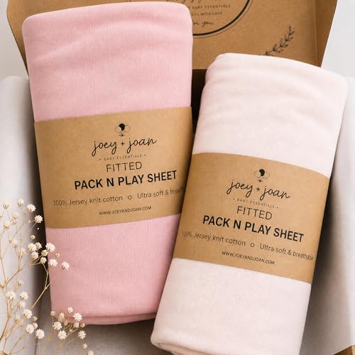 Image of Travel Crib Fitted Sheets for Baby Bjorn, Guava Lotus Travel Crib and 24 inch x 42 inch Inch Travel Light Playard Mattress - Snuggly Soft 100% Jersey Cotton - Muted Pink + Soft Pink - 2 Pack