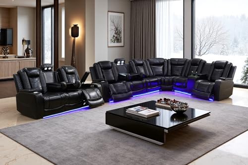 Image of Power Recliner Sectional Sofa Couches with LED Lights for Living Room, Black Leather Wall Hugger Reclining Corner Couch Sets with 4 Home Theater Seat, USB Port, Cup Holder, Storage Console