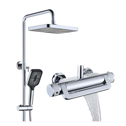 Colonne de Douche Thermostatique avec Mitigeur, Ensemble Système Douche Mural Kit Set de Douche 3 Fonctions avec Douche de Tête, Pommeau de Douche, Bec de Baignoire...