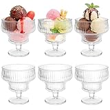 ZAVOOS Set of 6 Glass Ice Cream Bowls, 10 Oz Vintage Heavy Base Footed Dessert Cup Set, Stripes Clear Embossed Glass Serving Bowls for Sundae, Ice Cream, Fruit, Parfait
