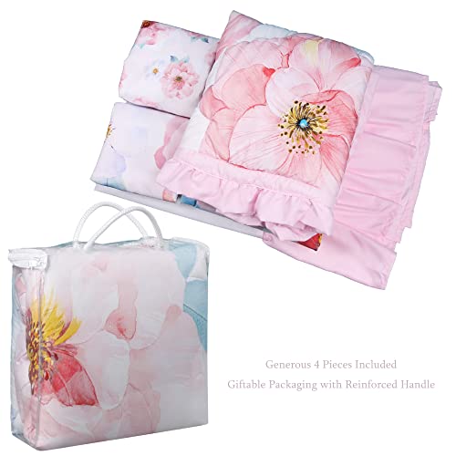 La Premura Baby Girl Crib Bedding Set For Girls, 4-Piece Nursery Crib Set Including Crib Sheet, Blanket, Crib Skirt And Pillow Cover, Watercolor Rose, Pastel Pink & Baby Blue #TOP7