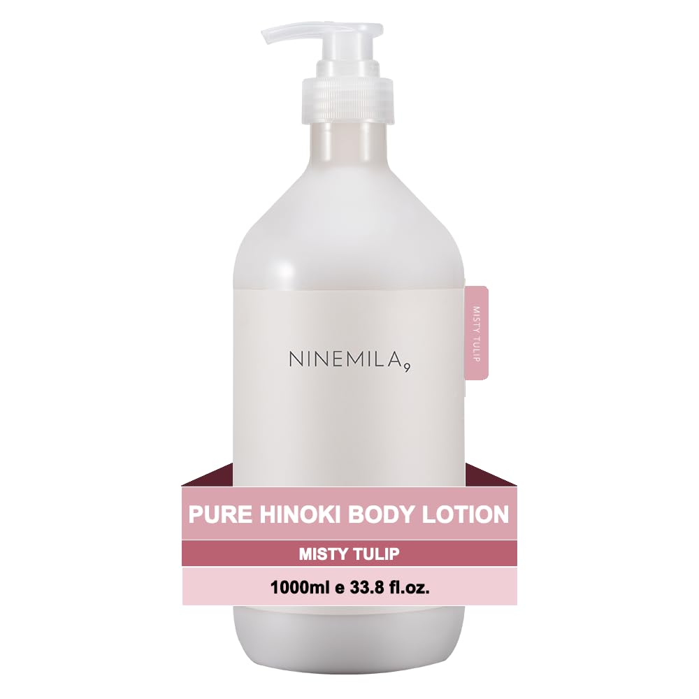 NINEMILA Pure Hinoki Body Lotion 1000ml (33.8 fl oz) Pump, Shea Butter & Glycerin, Jeju Hinoki Water 50,000ppm, Vegan, Daily Moisturizing Body Cream (Misty Tulip)