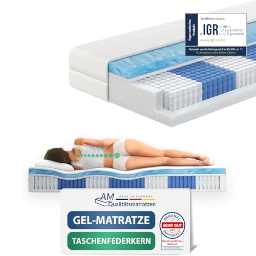 AM Qualitätsmatratzen Premium Gel-Taschenfederkernmatratze 90x200cm H3 24cm - Made in Germany & Oeko TEX Siegel - 7 Zonen Gel-Federkernmatratze 90x200 mit 1000 Federn & Lyocell Bezug