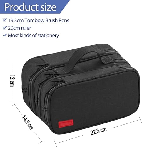 Image of Large Capacity Canvas Pencil Case With 3 Compartments - Black | Portable Canvas Stationery Organizer With Double Zippers, Simple for College, School, Office, Girl, Boy, Men, Women, Adult