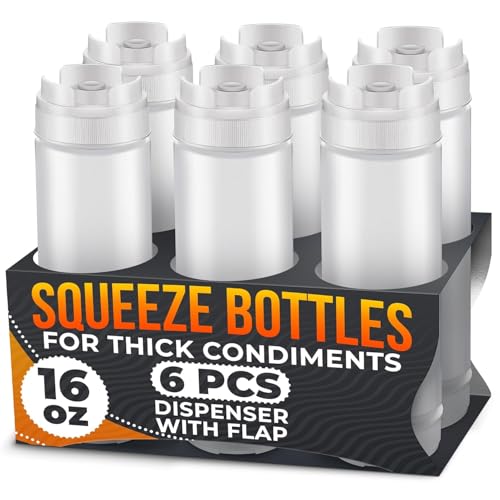 HELVETIOS 6 Pcs Condiment Squeeze Bottles for Sauces 16 Oz Self-Closing