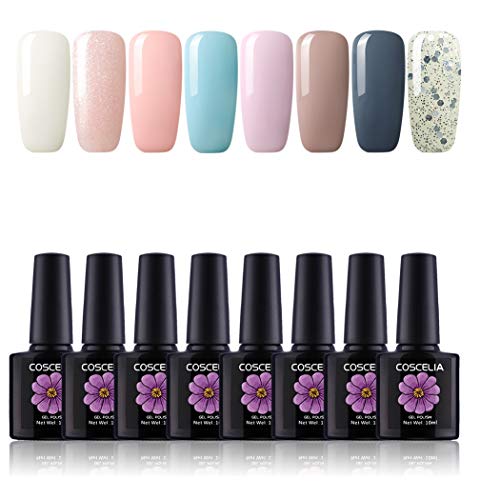 Esmalte Semipermanente de Uñas en Gel UV/LED 8pcs Kit Uñas de Gel Soak off 10ml de Color Desnudo Gel Polish Manicura Set