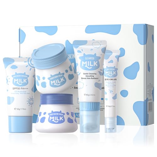 GYMMFK Milk Skincare Set, Kids Skin Care Products for Teenagers Girls, Milk Beauty Gift Sets with Cleanser, Eye Cream, Moisturizer, Sunscreen, Brightening Cream