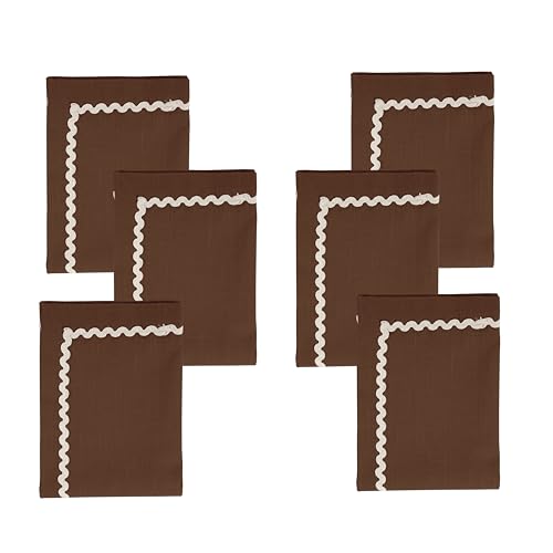 Image of FINGERCRAFT Cloth Napkins Set of 6, 18x18 Inch, 100% Cotton Table Napkins with RIC Rac Scallop Lace Trim, Reusable Washable Dinner Napkins for Wedding, Party, Dining & Home Decor (Chocolate)