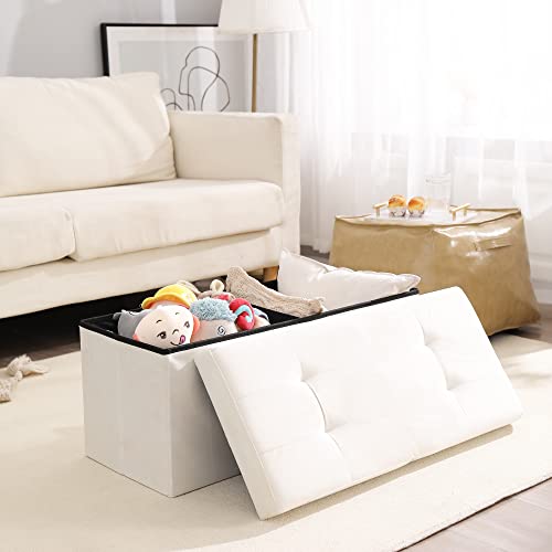 Image of Storage Ottoman Bench Foldable Footrest Foot Stool, 30 inch Velvet Cream | Small Ottoman Foot Rest Seat Shoe Bench Flip-Top forliving Room End of Bed Bedroom Couch Dorm, 80L Folding Upholstered Chair