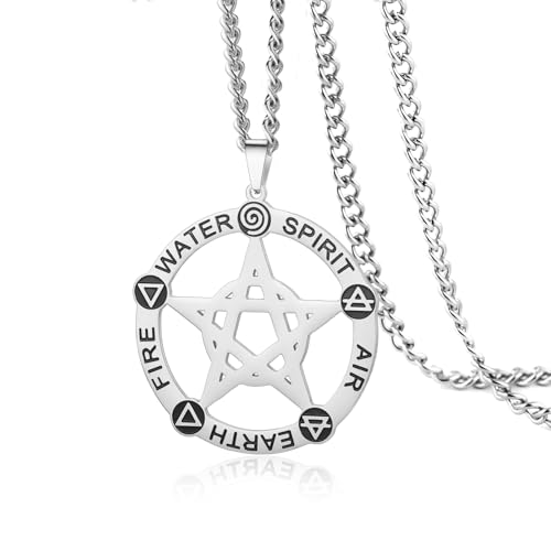 VASSAGO Pentagrama collar para hombres mujeres acero inoxidable pentáculo colgante con alquimia símbolo Pagan Wiccan amuleto energía joyería (plata)