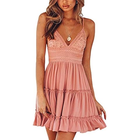 ECOWISH Womens V-Neck Spaghetti Strap Bowknot Backless Sleeveless Lace Mini Swing Skater Dress Pink-1 Small Cover