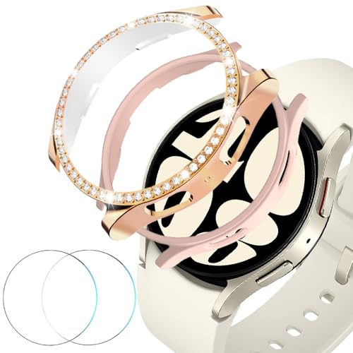 Coque diamant Samsung Galaxy Watch 6 44mm avec verre trempé haute résistance or rose