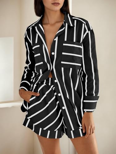 Image of Tankaneo Womens Striped 2 Piece Outfits Button Down Shirts and Shorts Lounge Matching Sets