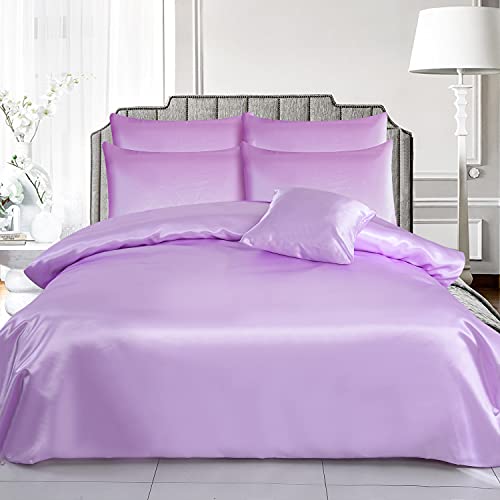 ROOEE Ensemble complet de literie en satin de soie - 6 pièces - Drap housse, Housse de couette, 4 taies d'oreiller. Couleur - Lilas Taille - Double