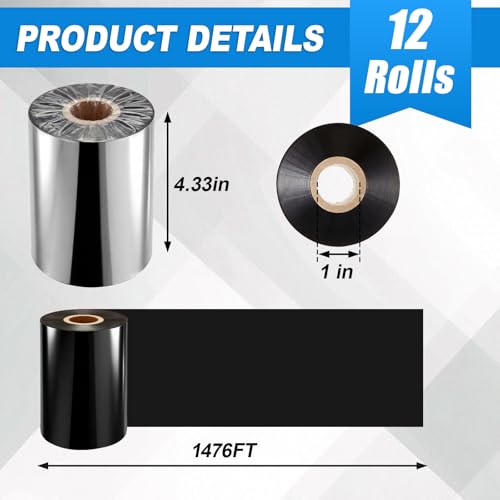 Image of Maitys 12 Rolls 4.33'' x 1476' Resin Enhanced Wax Printer Ribbon Bulk Black Thermal Transfer Label Ribbon 1'' Core Ink Out 1 Roll Compatible with Zebra Zt230 Zt410 Zt420 Zt610