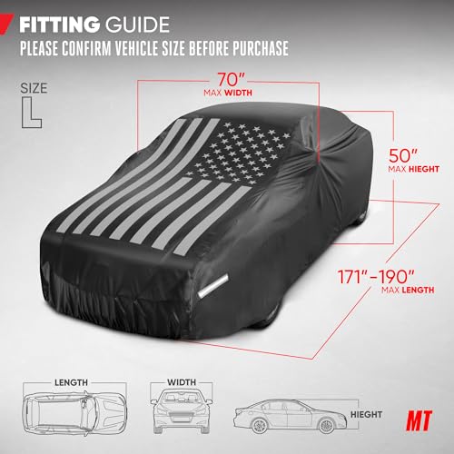 Image of Motor Trend Black USA Flag Waterproof Car Cover - All Weather Outdoor Protection, UV Resistant, Windproof, Scratchproof - Semi-Universal Fit Sedan Full Car Cover for Sun Rain Snow (171 inch- 190 inch Length)