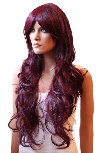 PRETTYSHOP Sexy Perücke Wig hitzbeständiger Kunstfaser wie Echthaar schwarz rot mix gewellt 75cm