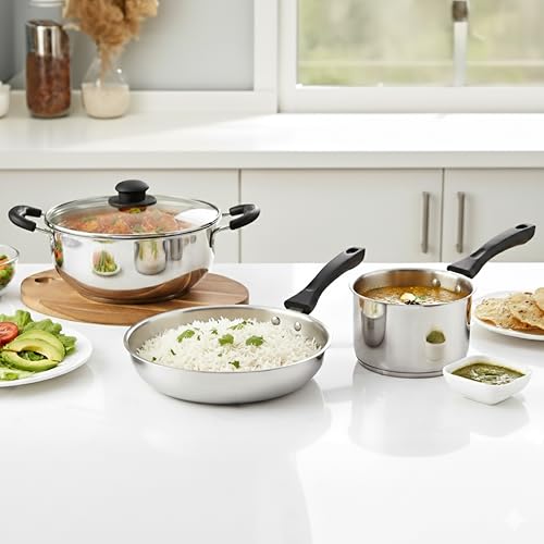 Image of CELLO Galaxy Steelox Stainless Steel Set of 3 Pieces Cookware Set Combo for Kitchen | Kadhai with Glass Lid 22CM + Milk Pan 14CM + Fry Pan 22CM Gas Stove Compatible Cookware for Daily Use & Gifting