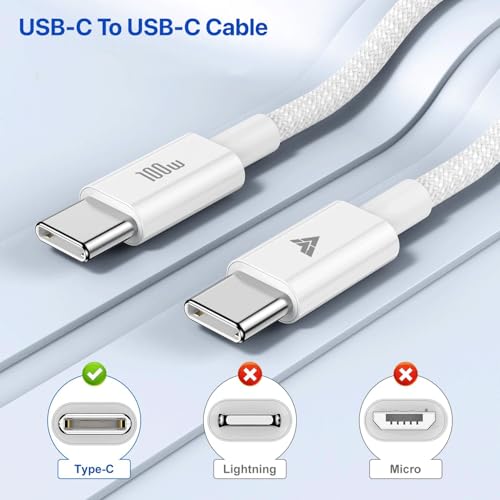 Image of DR VAKU 100w PD Braided Type C To Type C Cable 2M Fast Charging High Speed Data Transfer for iPhone, MacBook, Monitor, Laptop, iPad, Tablets, Samsung, Hp, Dell, Microsoft,Lenovo Type C Devices-White