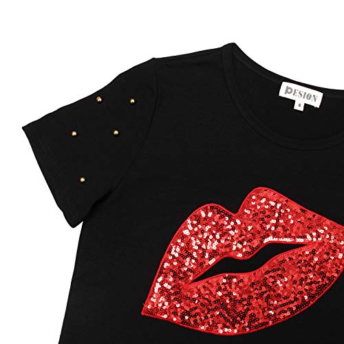 Image of PESION Womens Short Sleeve T-Shirt Sequined Tops O-Neck Funny Graphic Tees Blouse