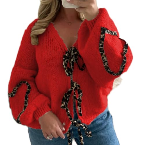 Image of Women's Tie Knot Leopard Heart Print Knit Cardigan Oversized V Neck Open Front Bandage Sweater Trendy Fall Knit Outwear