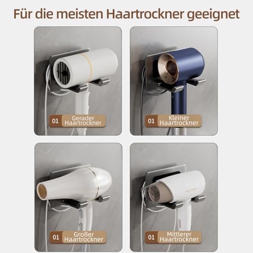 ULMDUEAEE Aluminium Fönhalter ohne Bohren - Mit Kabelaufbewahrung, Föhn Halterung Wandhalterung, föhnhalterung Bad ohne Bohren, Haartrocknerhalter für Bad, Barbershop, Hotel (Schwarz)