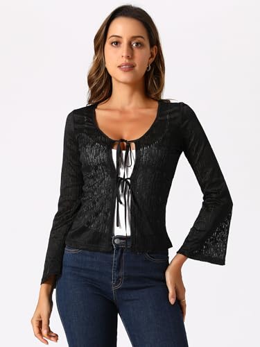 Image of Allegra K Lace Shrug Top for Women's Tie Front Bell Long Sleeve Bolero Cardigan Medium Black