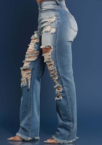 HuiSiFang Women's Ripped Straight Leg High Waisted Y2k Jeans Distressed Stretchy Tassel Jeans Streetwear4