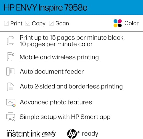 HP ENVY Inspire 7958e Wireless All-in-One Color Inkjet Printer, Print, scan, copy, Duplex printing best-for-home, 3 month Instant Ink trial included (327A7A)