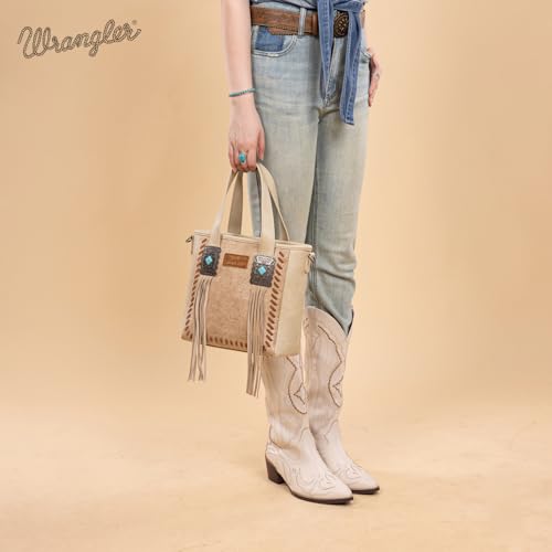 Image of Montana West Wrangler Cowhide Tote Bag for Women Western Tooling Handbag Leather Fringing with Turquoise Stone Concho
