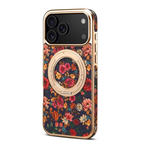 Coque iPhone 16 Pro Max violet cuir anneau métal rigide motif fleur
