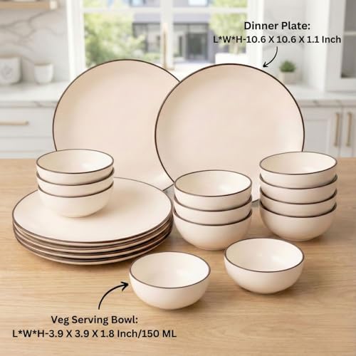 Image of Freakway Minimalist Cream Ceramic Dinnerware Set - 18 Piece(6 Dinner Plates +12 Bowls) Stoneware Dishes with Hand-Painted Brown Rim - Service for 6 - Microwave & Dishwasher Safe-Ivory White