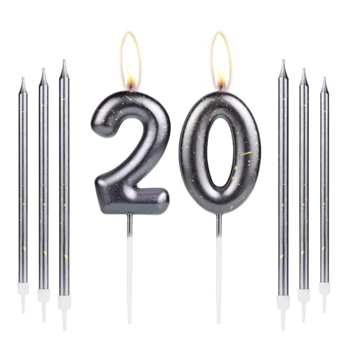 iNINGER Black 20th Birthday Number Candles, Number 20 Candle Cake Cupcake Toppers, Black Long Stick Candles, Birthday Party Wedding Anniversary Decorations