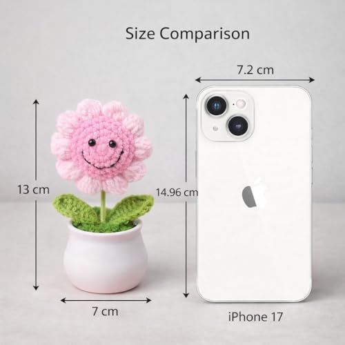 Image of 13CM Height Handmade Crochet Smiling Flower Pot for Home & Office Decor, Cute Aesthetic Desk Showpiece, Positive Vibes Table Decor, Thoughtful Gift for Friends & Loved Ones (Sunny Smile Pink)