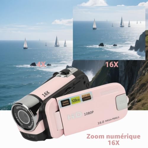 EIMSOAH Caméscope vintage pour caméra vidéo, cordon de caméra 16 Mp, appareil photo numérique 1080p, caméscope à écran rotatif de 6,1 cm, enregistreur vidéo HD avec zoom 16x avec lumière de – vue 5
